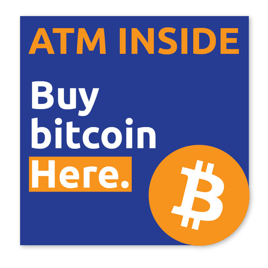 ATM Inside Buy Bitcoin Here Square Decal. Available in multiple sizes.
