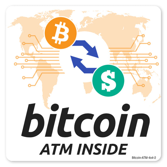 Bitcoin ATM Inside Square Sticker sized 4 inches by 4 inches. Also available in other sizes.