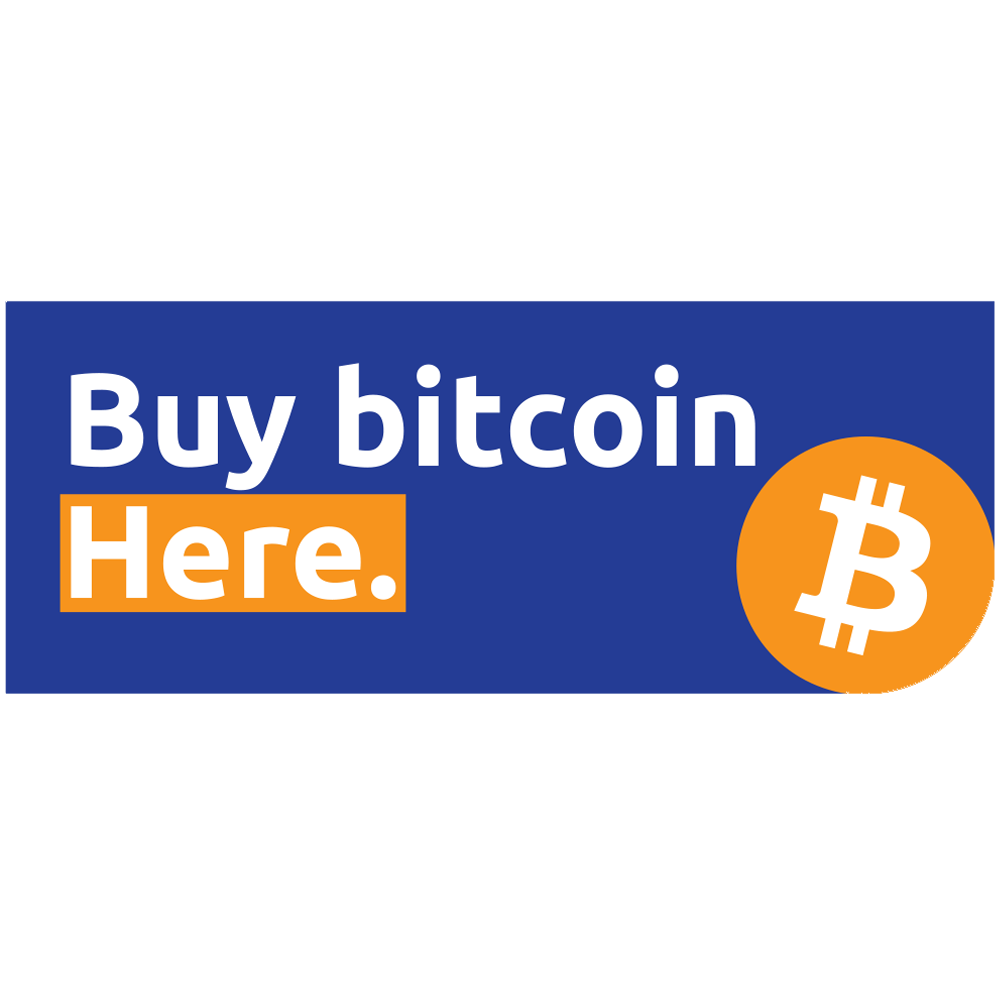 Large Rectangle Banner that reads “Buy Bitcoin Here”. Banner is sized at 60 inches by 24 inches.