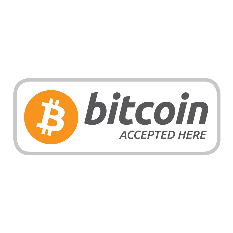 4 inch by 1.5 inch Rectangle Decal that reads "Bitcoin Accepted Here"